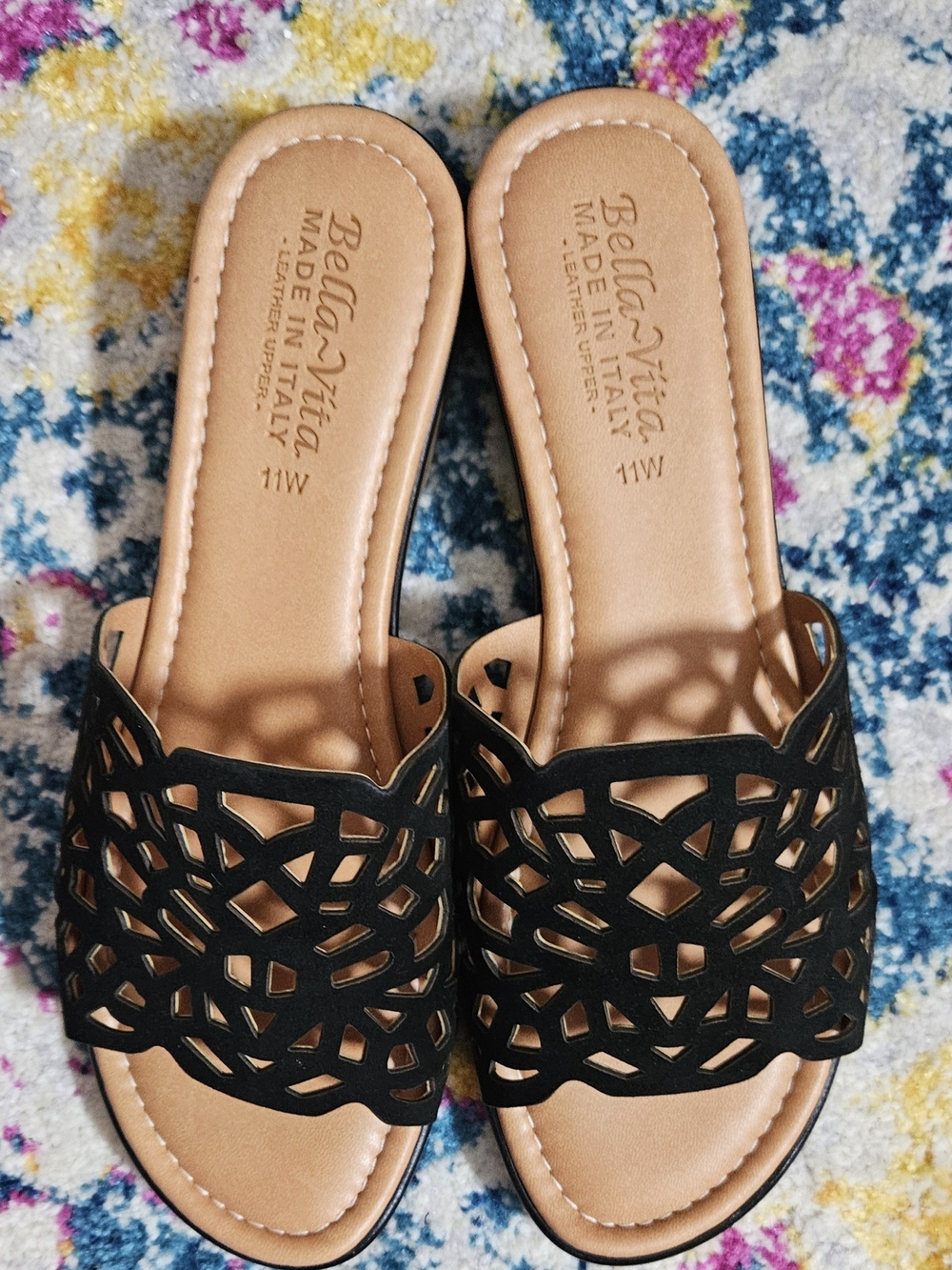 Bella-Vita Black Laser-Cut Slide Sandals 11W
